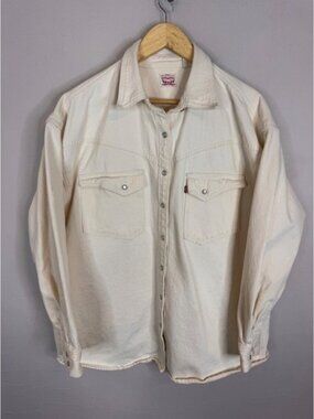 Levis Western Denim Shirt Mens L Cream Off White Pearl Snap Button Shacket